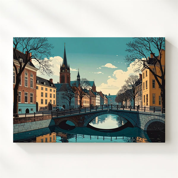 Teal Twilight Canal Canvas – Serene European Town with Bridge & Clock Tower - Gifitto