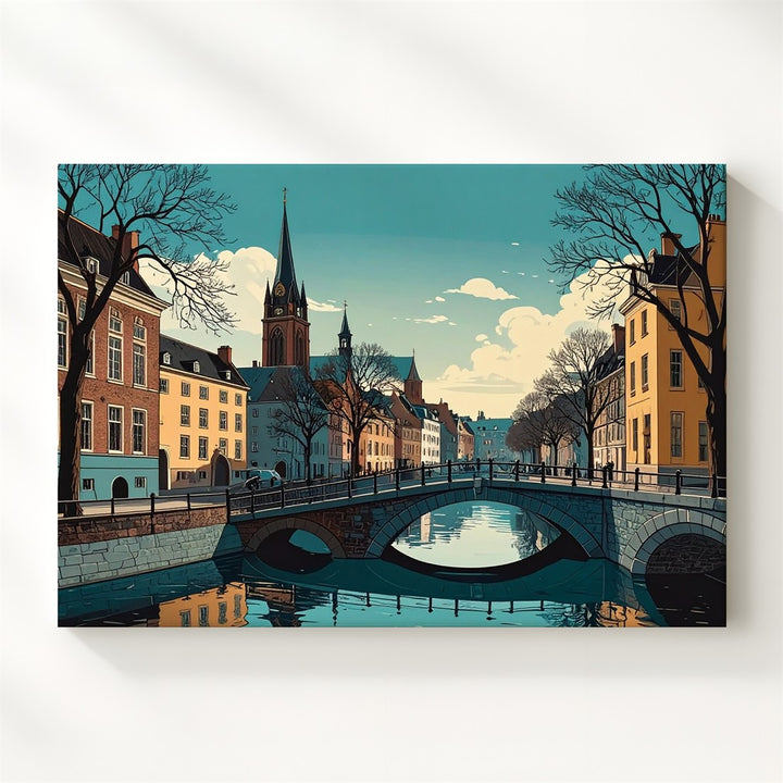 Teal Twilight Canal Canvas – Serene European Town with Bridge & Clock Tower - Gifitto