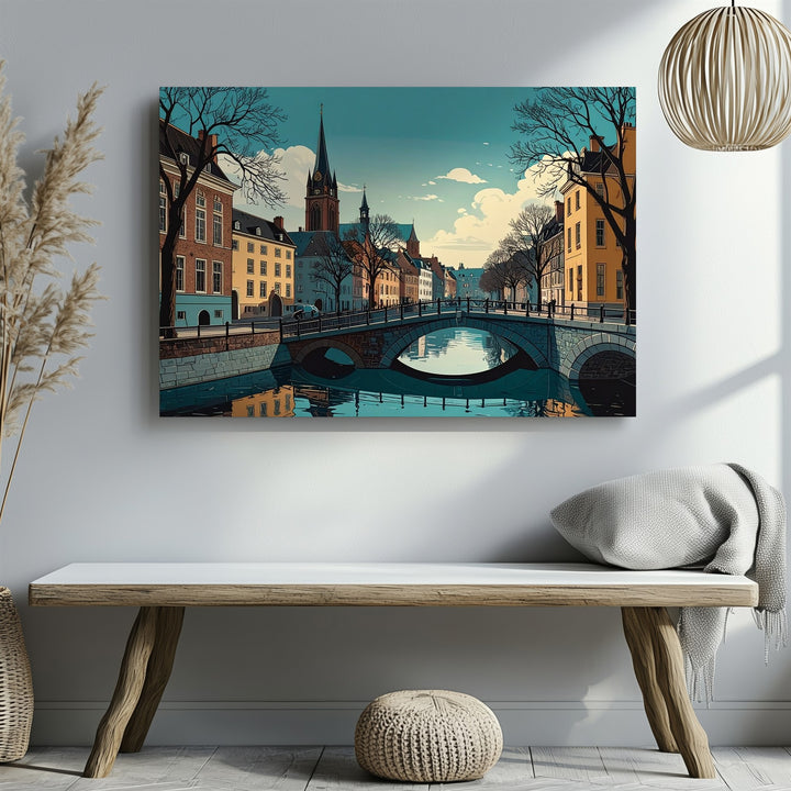 Teal Twilight Canal Canvas – Serene European Town with Bridge & Clock Tower - Gifitto
