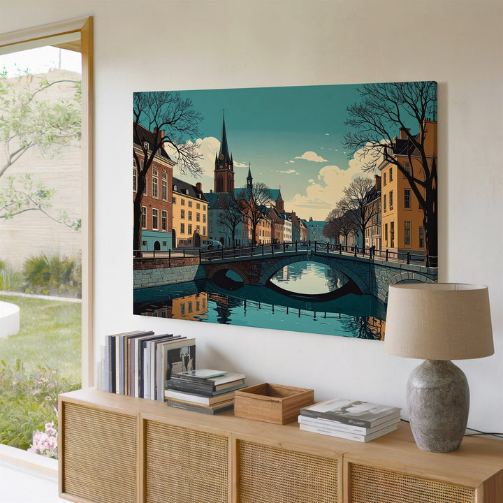 Teal Twilight Canal Canvas – Serene European Town with Bridge & Clock Tower - Gifitto
