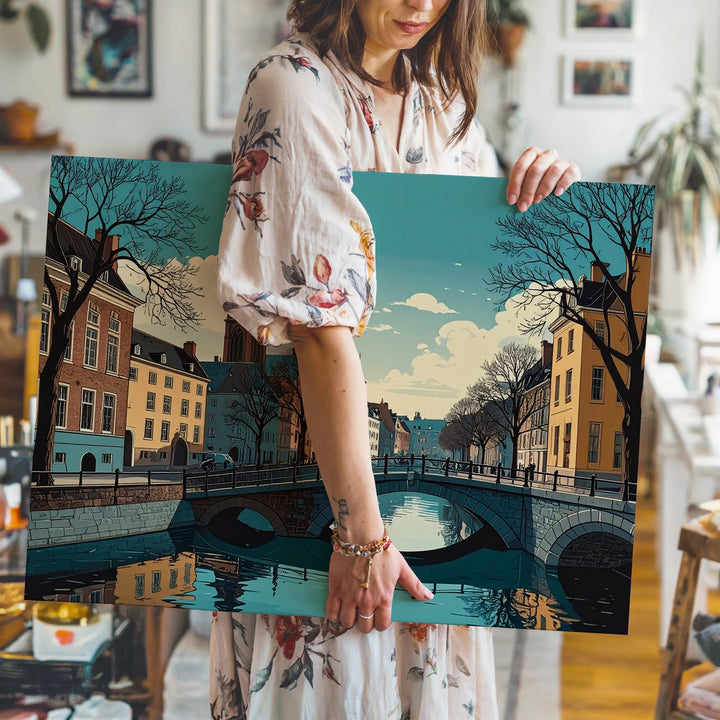 Teal Twilight Canal Canvas – Serene European Town with Bridge & Clock Tower - Gifitto