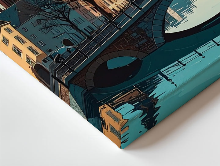 Teal Twilight Canal Canvas – Serene European Town with Bridge & Clock Tower - Gifitto