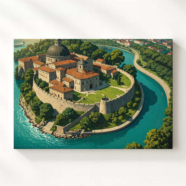 Riverside Fortress Canvas – Aerial Historical Castle Wall Art - Gifitto