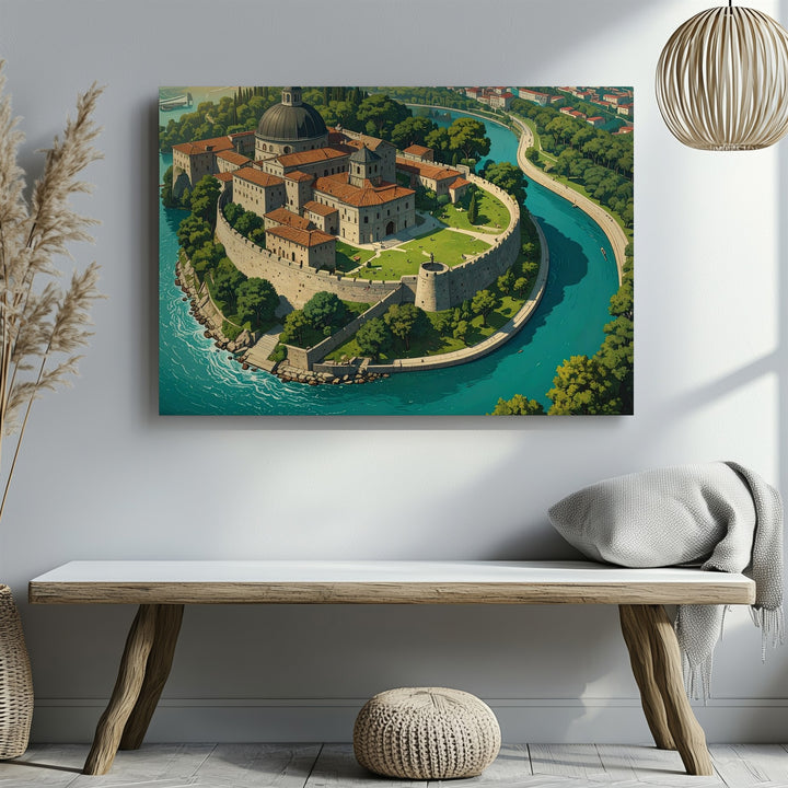 Riverside Fortress Canvas – Aerial Historical Castle Wall Art - Gifitto