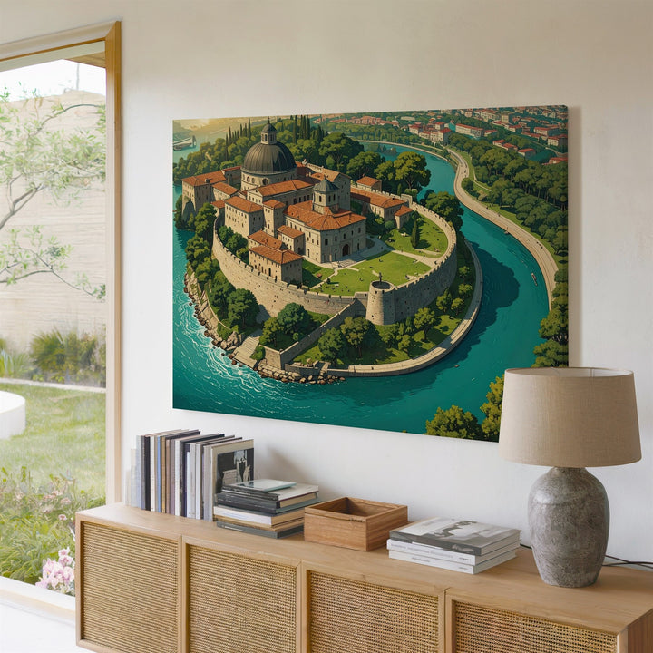 Riverside Fortress Canvas – Aerial Historical Castle Wall Art - Gifitto