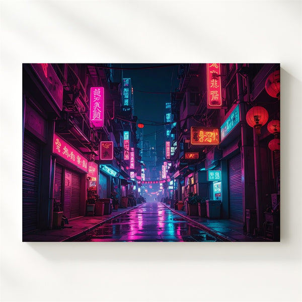 Neon Alley Canvas – Cyberpunk Night Scene with Asian City Lights - Gifitto