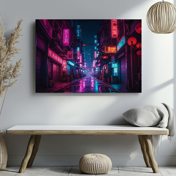Neon Alley Canvas – Cyberpunk Night Scene with Asian City Lights - Gifitto