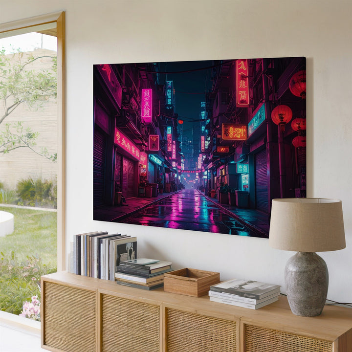Neon Alley Canvas – Cyberpunk Night Scene with Asian City Lights - Gifitto