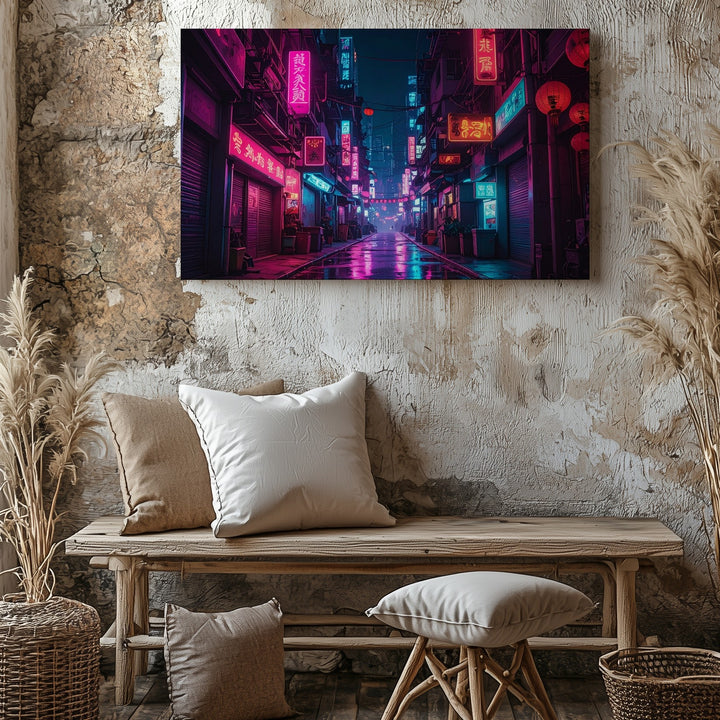 Neon Alley Canvas – Cyberpunk Night Scene with Asian City Lights - Gifitto