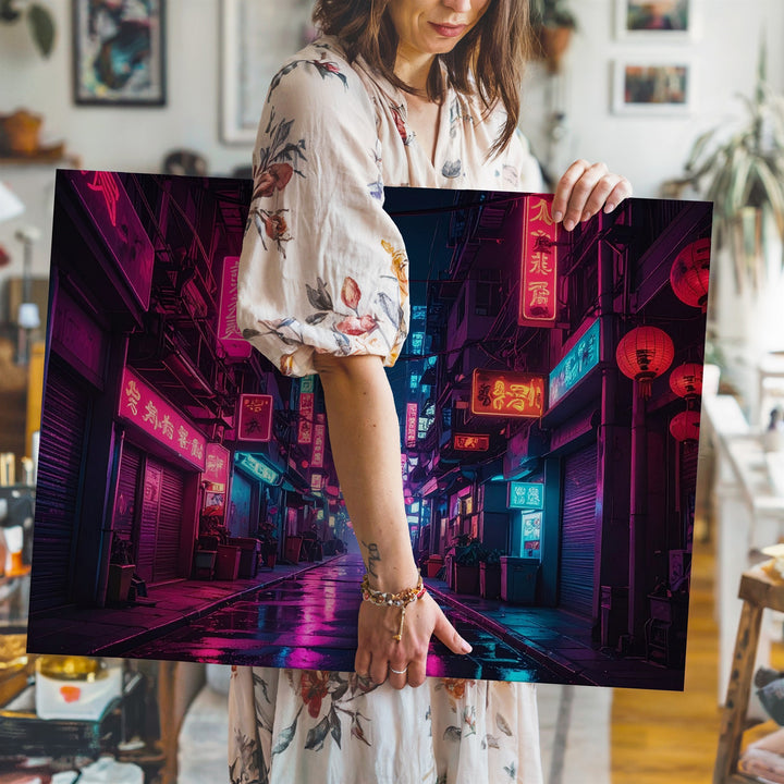 Neon Alley Canvas – Cyberpunk Night Scene with Asian City Lights - Gifitto