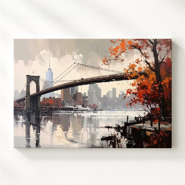 Autumn Bridge Canvas – Semi-Abstract Suspension Bridge & Cityscape Art - Gifitto