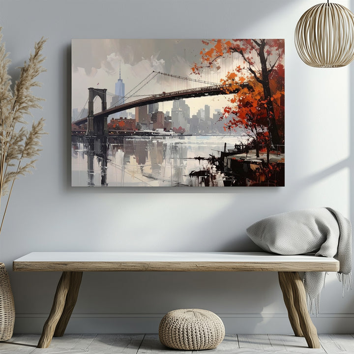 Autumn Bridge Canvas – Semi-Abstract Suspension Bridge & Cityscape Art - Gifitto