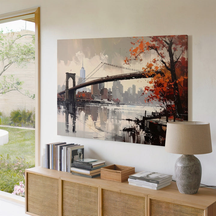 Autumn Bridge Canvas – Semi-Abstract Suspension Bridge & Cityscape Art - Gifitto