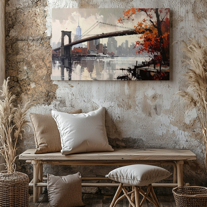 Autumn Bridge Canvas – Semi-Abstract Suspension Bridge & Cityscape Art - Gifitto