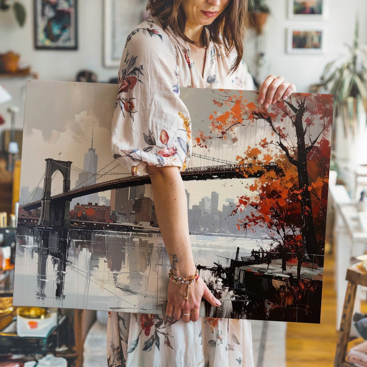 Autumn Bridge Canvas – Semi-Abstract Suspension Bridge & Cityscape Art - Gifitto