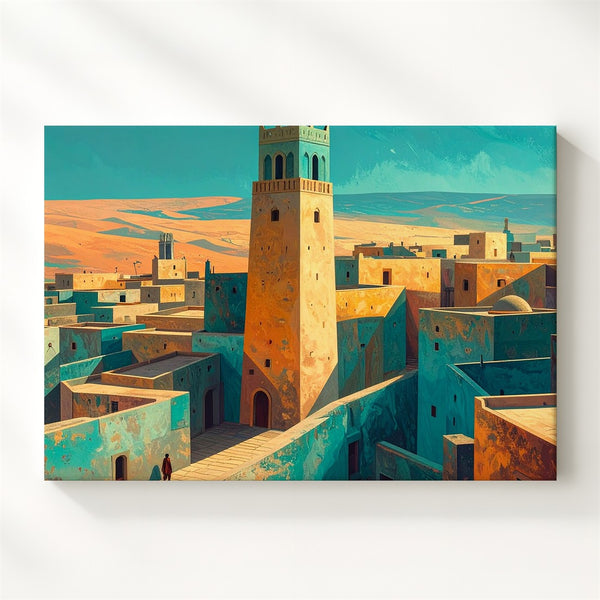 Golden Desert Town Canvas – Minimalist Adobe Village Wall Art - Gifitto