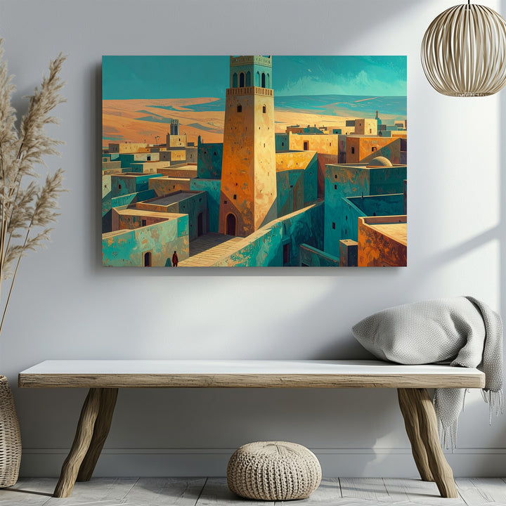 Golden Desert Town Canvas – Minimalist Adobe Village Wall Art - Gifitto