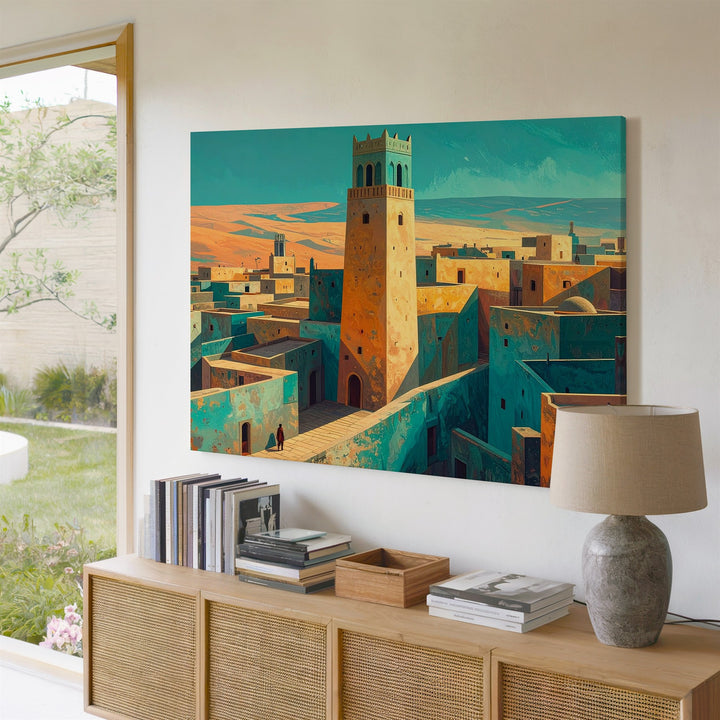Golden Desert Town Canvas – Minimalist Adobe Village Wall Art - Gifitto