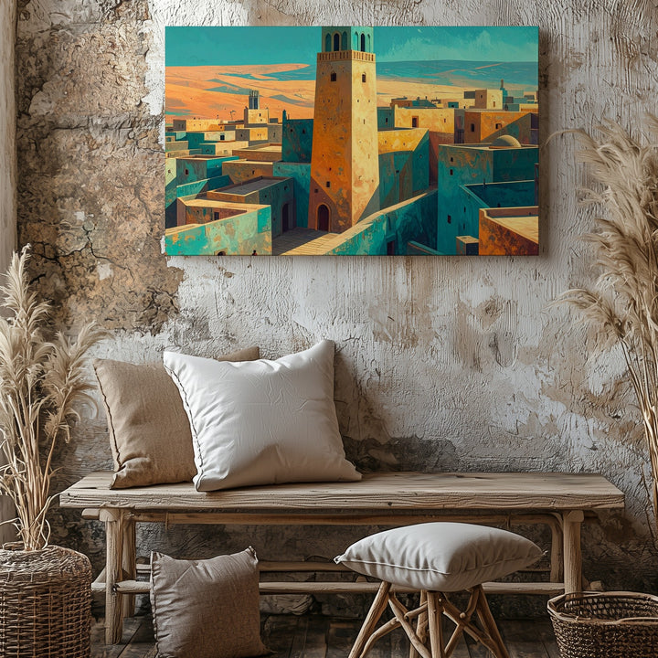 Golden Desert Town Canvas – Minimalist Adobe Village Wall Art - Gifitto