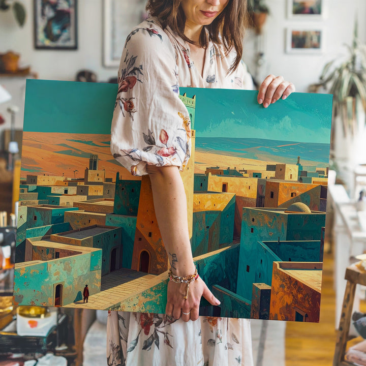 Golden Desert Town Canvas – Minimalist Adobe Village Wall Art - Gifitto