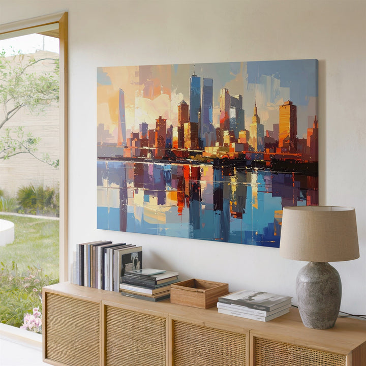 Sunset Reflection Cityscape Canvas – Futuristic Urban Skyline Wall Art - Gifitto