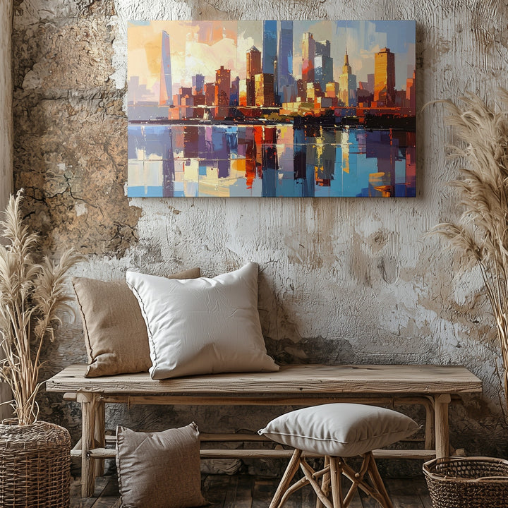 Sunset Reflection Cityscape Canvas – Futuristic Urban Skyline Wall Art - Gifitto
