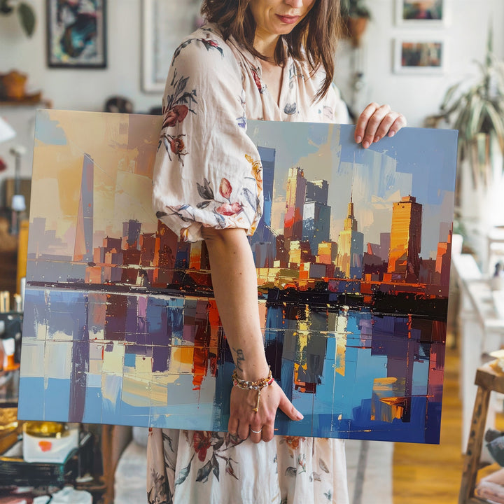 Sunset Reflection Cityscape Canvas – Futuristic Urban Skyline Wall Art - Gifitto