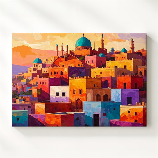 Abstract Hilltop Town Canvas – Colorful Middle Eastern Landscape Art - Gifitto