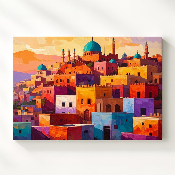 Abstract Hilltop Town Canvas – Colorful Middle Eastern Landscape Art - Gifitto