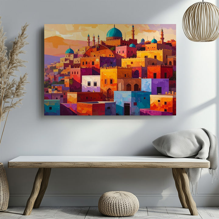 Abstract Hilltop Town Canvas – Colorful Middle Eastern Landscape Art - Gifitto