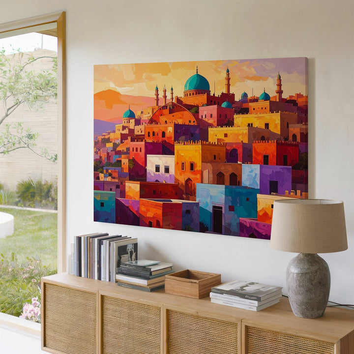 Abstract Hilltop Town Canvas – Colorful Middle Eastern Landscape Art - Gifitto