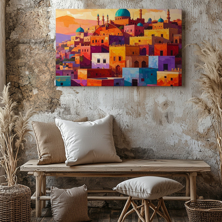 Abstract Hilltop Town Canvas – Colorful Middle Eastern Landscape Art - Gifitto