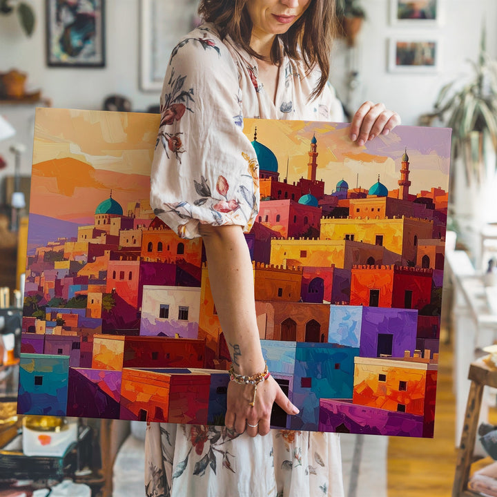 Abstract Hilltop Town Canvas – Colorful Middle Eastern Landscape Art - Gifitto