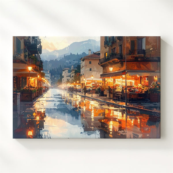 Amber Dusk Reflections Canvas – Romantic European City Street at Twilight - Gifitto
