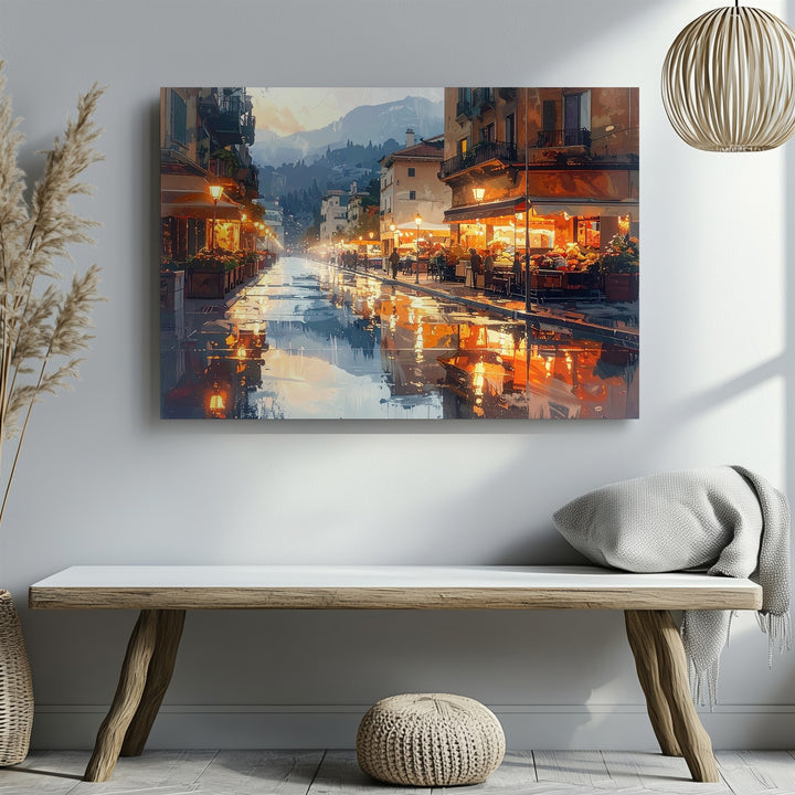 Amber Dusk Reflections Canvas – Romantic European City Street at Twilight - Gifitto