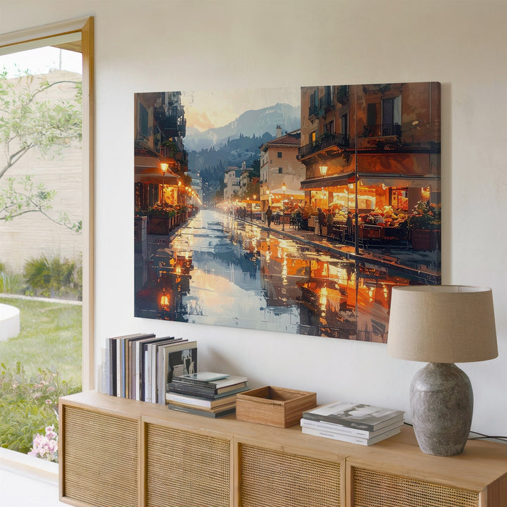 Amber Dusk Reflections Canvas – Romantic European City Street at Twilight - Gifitto