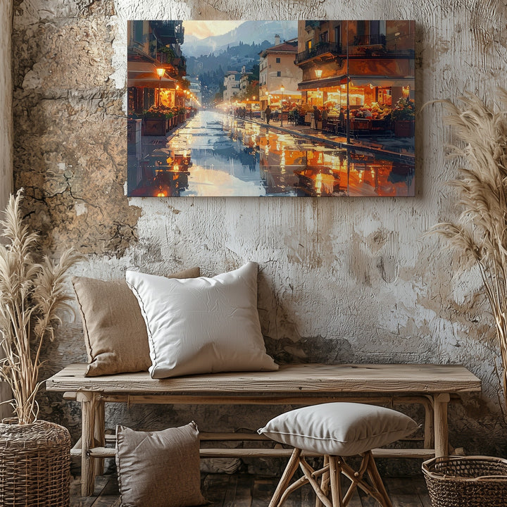 Amber Dusk Reflections Canvas – Romantic European City Street at Twilight - Gifitto