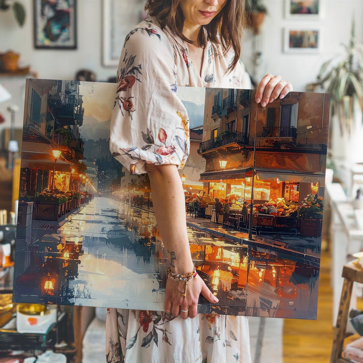 Amber Dusk Reflections Canvas – Romantic European City Street at Twilight - Gifitto