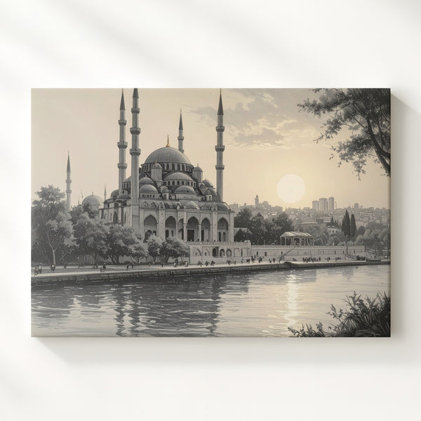 Monochrome Mosque Sketch Canvas – Serene Sunset Architectural Art - Gifitto