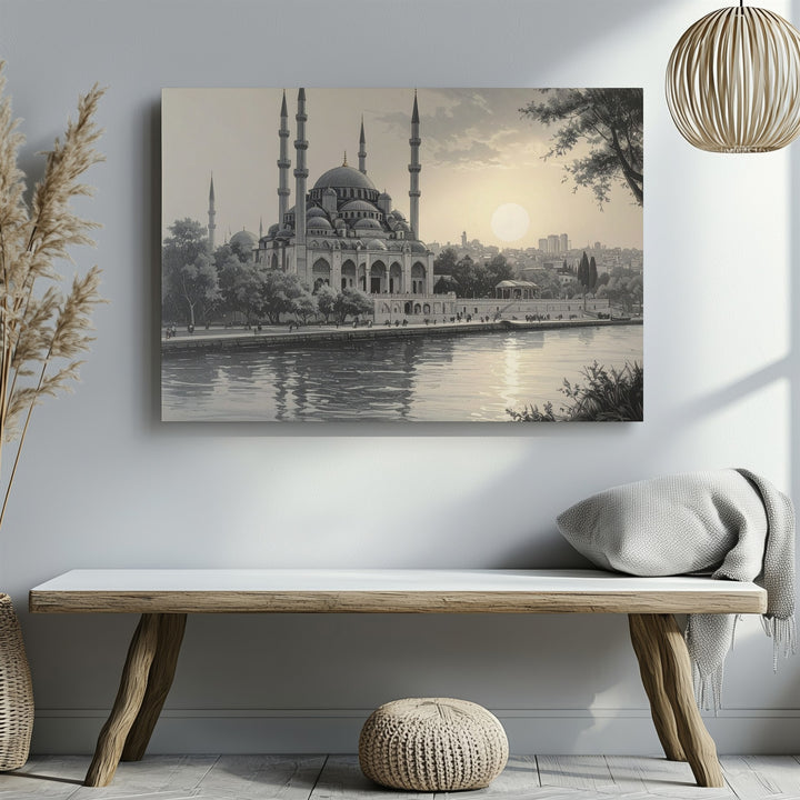 Monochrome Mosque Sketch Canvas – Serene Sunset Architectural Art - Gifitto