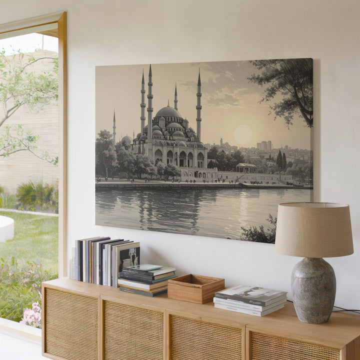 Monochrome Mosque Sketch Canvas – Serene Sunset Architectural Art - Gifitto