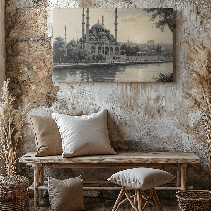 Monochrome Mosque Sketch Canvas – Serene Sunset Architectural Art - Gifitto