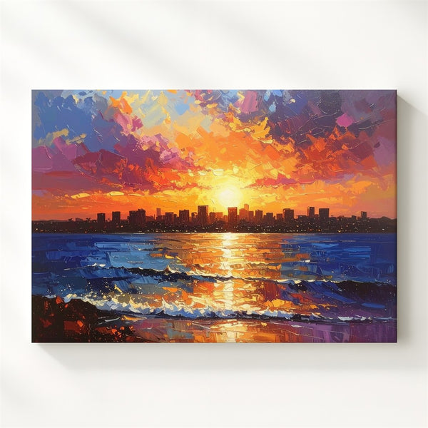 Vibrant Sunset Skyline Canvas – Impressionistic Cityscape Over Water - Gifitto