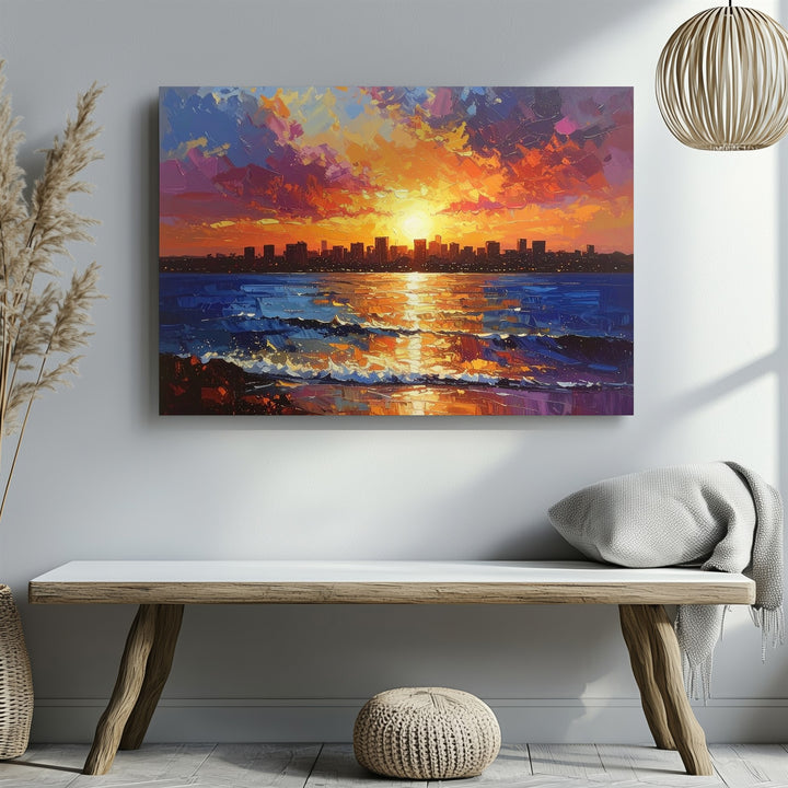 Vibrant Sunset Skyline Canvas – Impressionistic Cityscape Over Water - Gifitto
