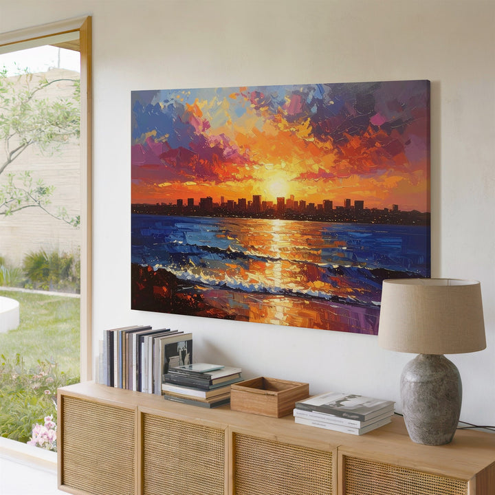 Vibrant Sunset Skyline Canvas – Impressionistic Cityscape Over Water - Gifitto