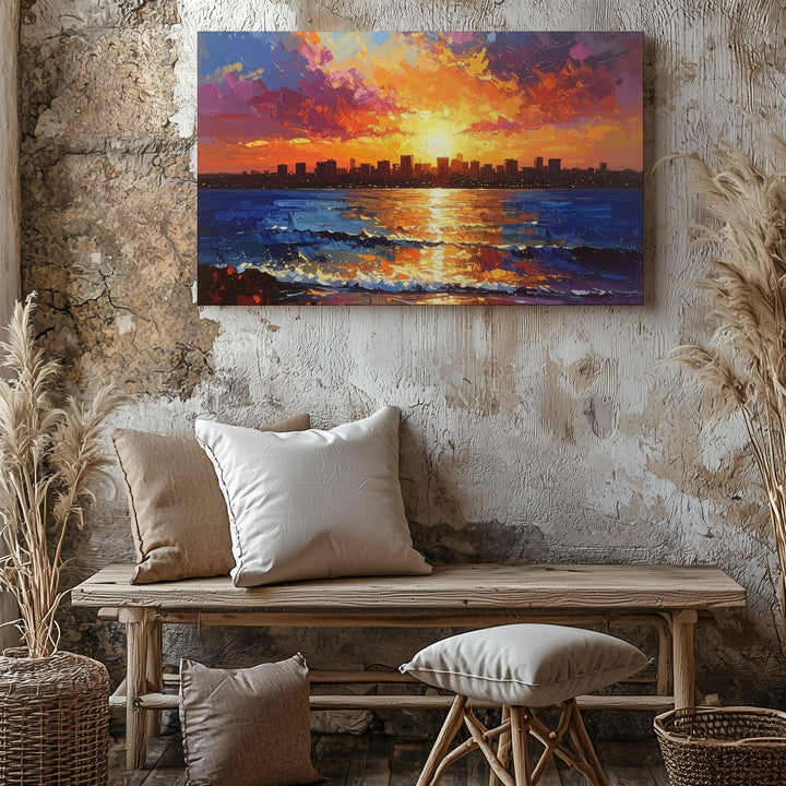 Vibrant Sunset Skyline Canvas – Impressionistic Cityscape Over Water - Gifitto