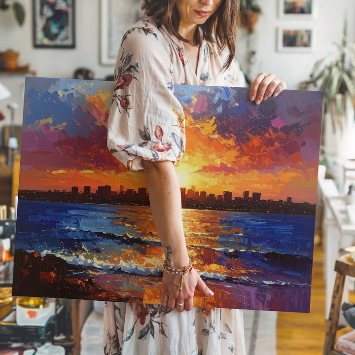 Vibrant Sunset Skyline Canvas – Impressionistic Cityscape Over Water - Gifitto