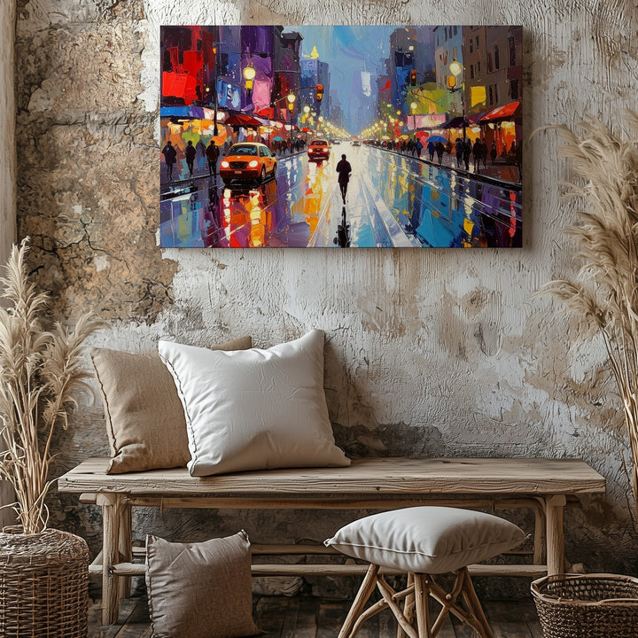 Rainy Night Boulevard Canvas – Vibrant Urban Street Scene Wall Art - Gifitto