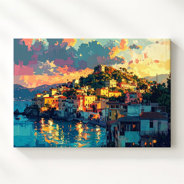 Mediterranean Sunset Canvas – Dreamy Hillside Town Wall Art - Gifitto