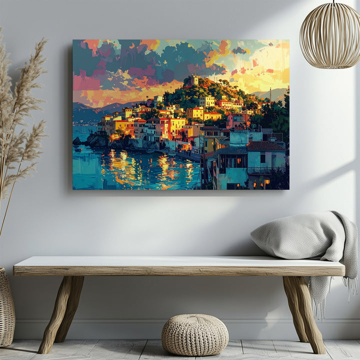 Mediterranean Sunset Canvas – Dreamy Hillside Town Wall Art - Gifitto